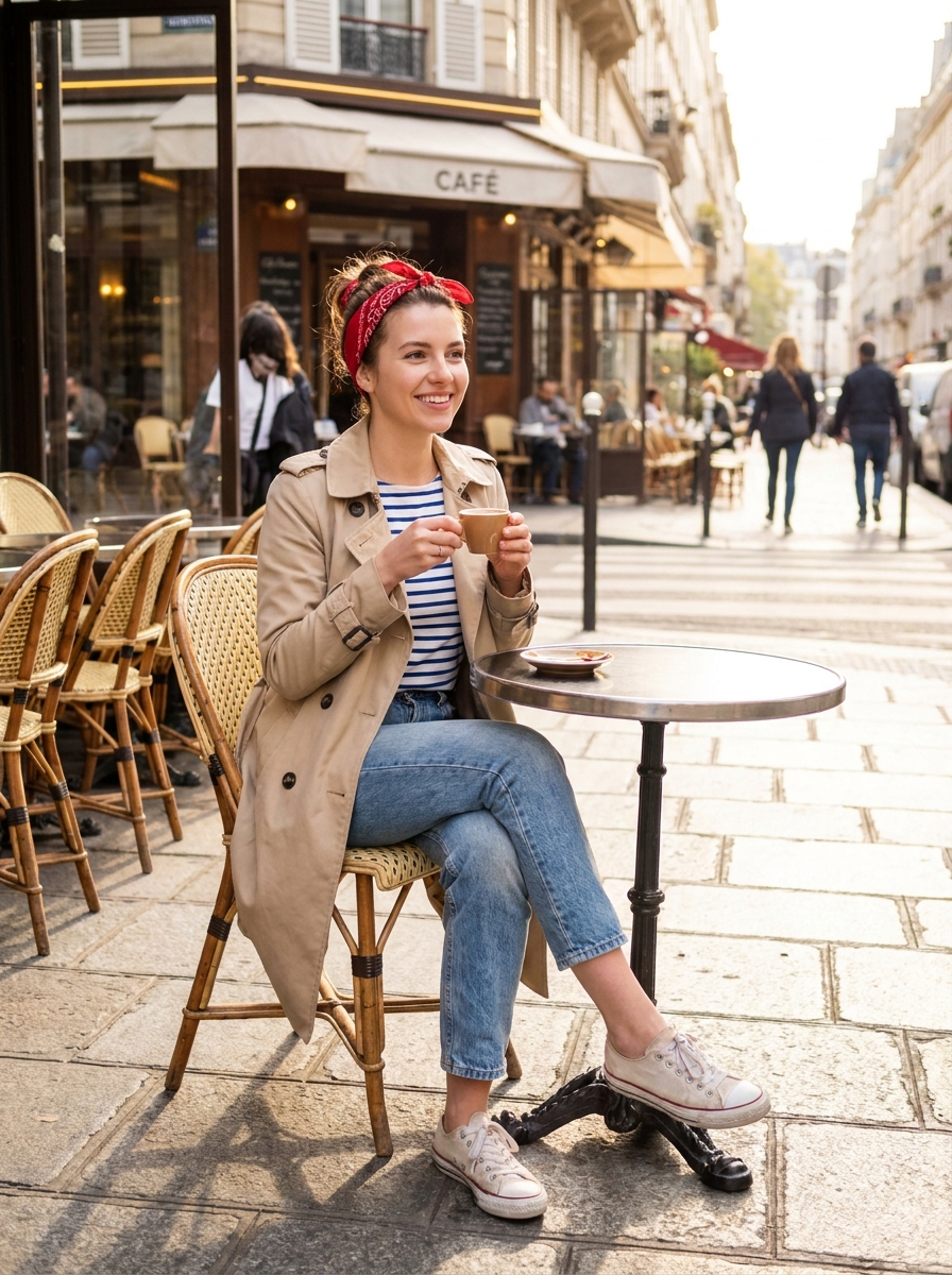 SKIPIKS AI时尚大片 — french, casual, chic — 베이지 트렌치코트와 스트라이프 티셔츠로 완성된 클래식한 파리지앵 무드를 느낄 수 있어요. 청바지와 캔버스 운동화를 매치해 편안하면서도 세련된 스