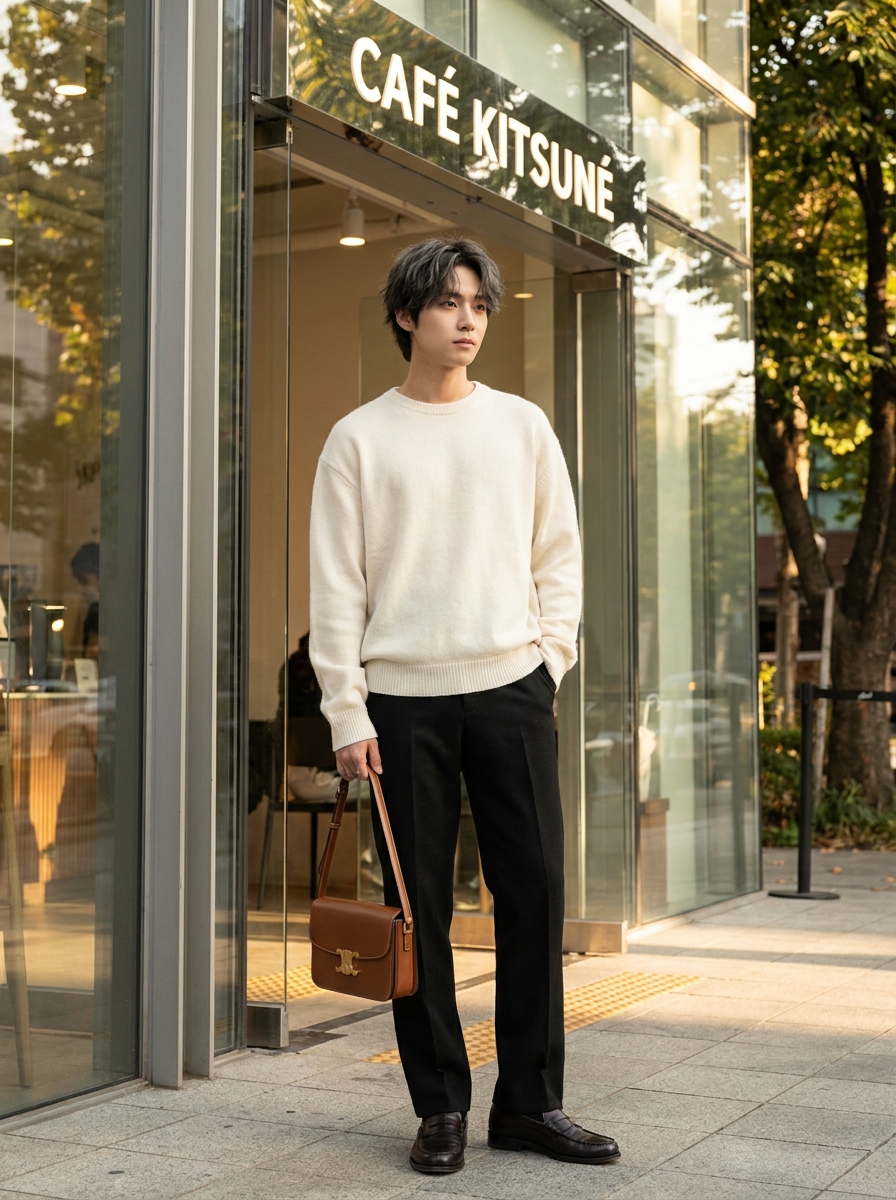 SKIPIKS AIファッション写真 — minimalist, chic, modern — 아이보리 니트와 검정 슬랙스로 구성된 세련된 미니멀룩이에요. 니트는 부드러운 터치감으로 편안함을 더하고, 슬랙스는 깔끔한 실루엣을 완성해 줍니다