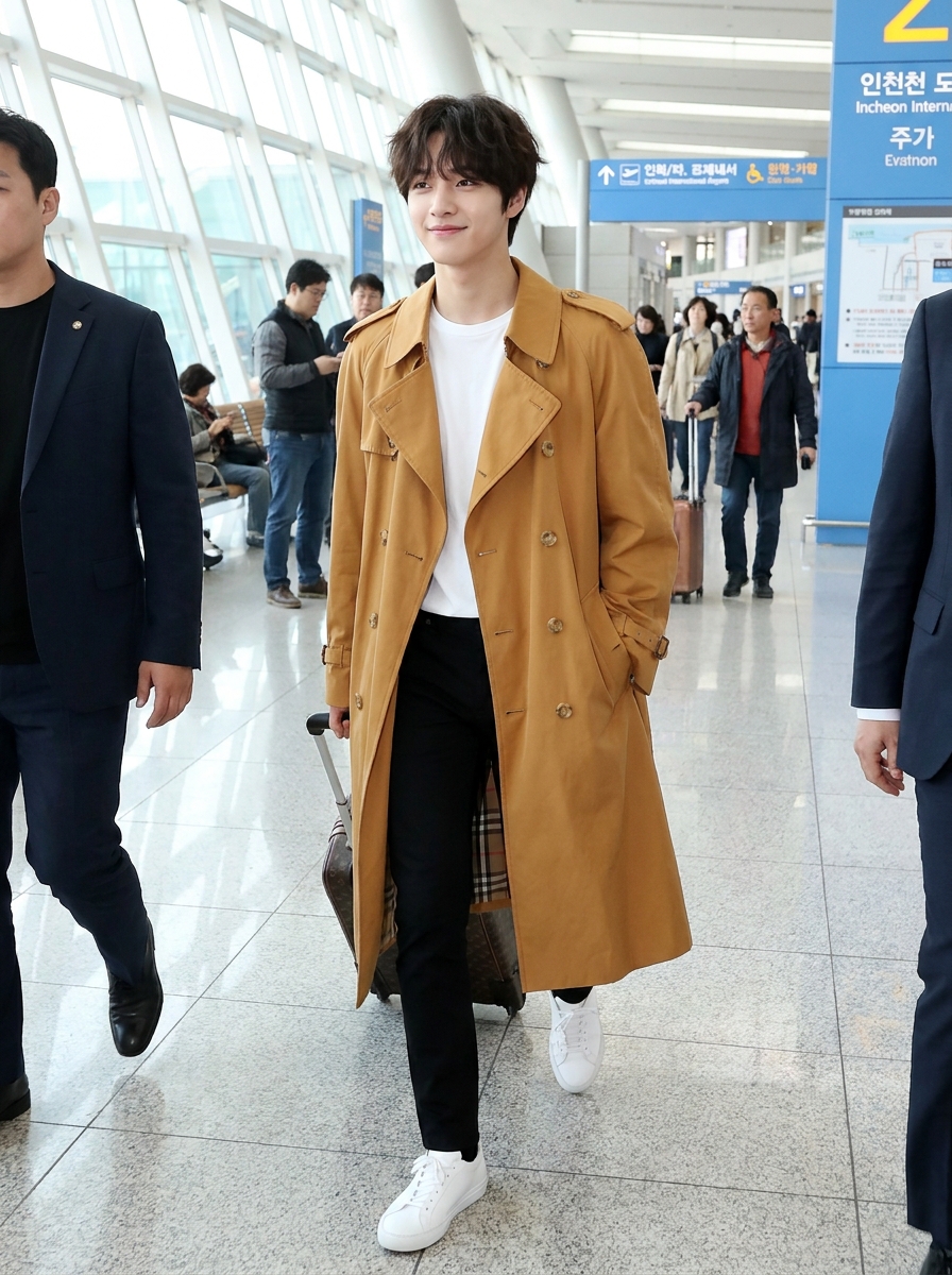 SKIPIKS AI时尚大片 — minimalist, casual — 베이지 트렌치코트로 가을의 무드를 담아낸 세련된 공항 패션이에요. 깔끔한 흰색 티셔츠와 검정 팬츠가 심플하면서도 스타일리시한 조화를 이룹니다. 