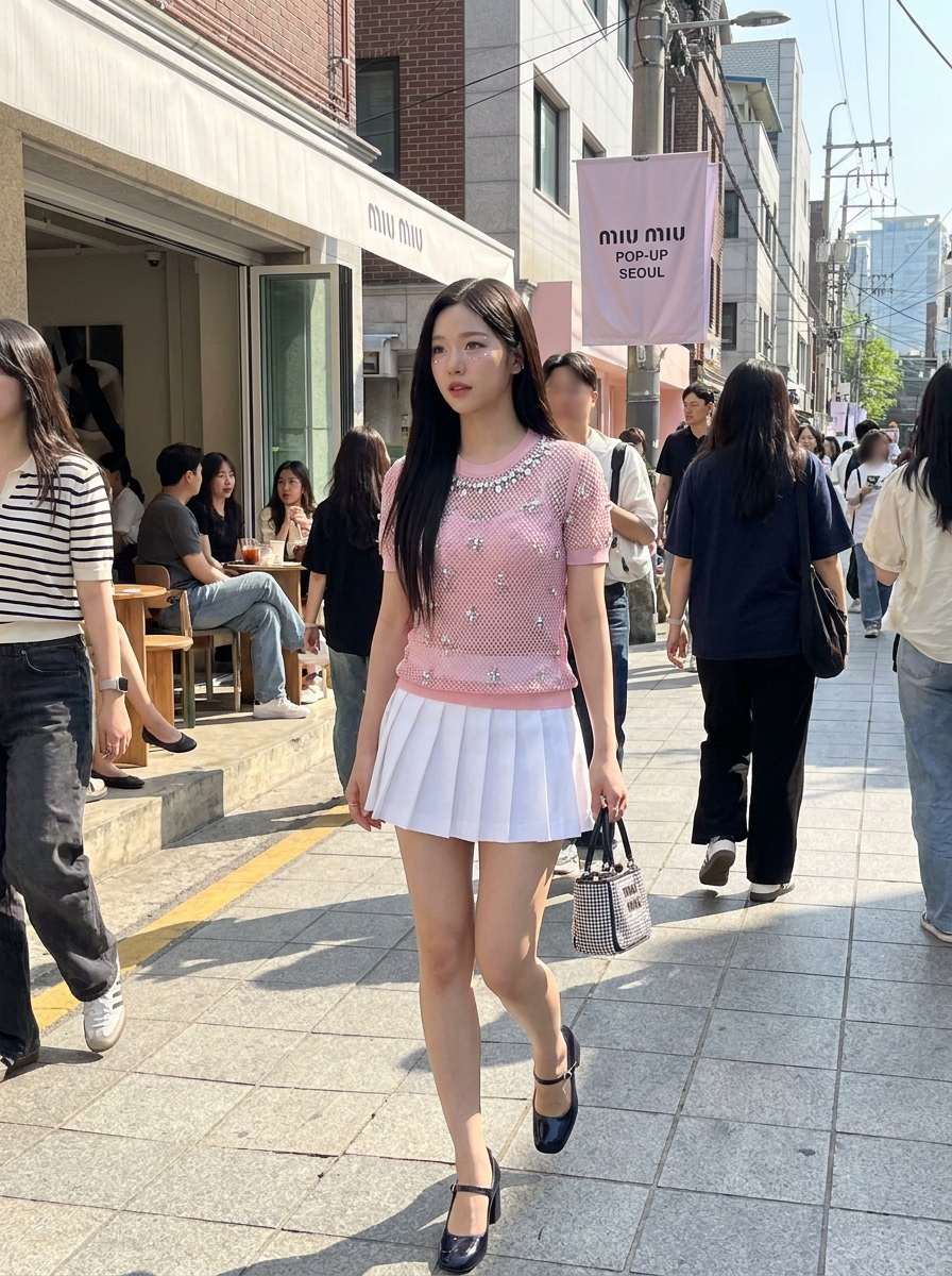 SKIPIKS AI 패션 화보 — feminine, cute, youthful — 상큼한 봄 분위기에 어울리는 핑크 니트와 화이트 플리츠 스커트의 조화로 로맨틱한 무드를 연출해보세요. 매칭된 블랙 메리 제인 슈즈와 체크 핸드백