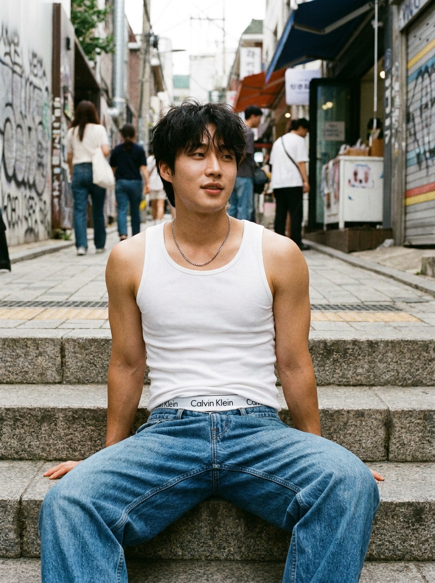 SKIPIKS AI时尚大片 — streetwear, casual — 화사한 흰색 탱크탑과 파란색 청바지의 조합이 시원한 여름 분위기를 자아내요. 심플한 목걸이로 포인트를 더해 스타일리시한 무드 완성해보세요. 도심