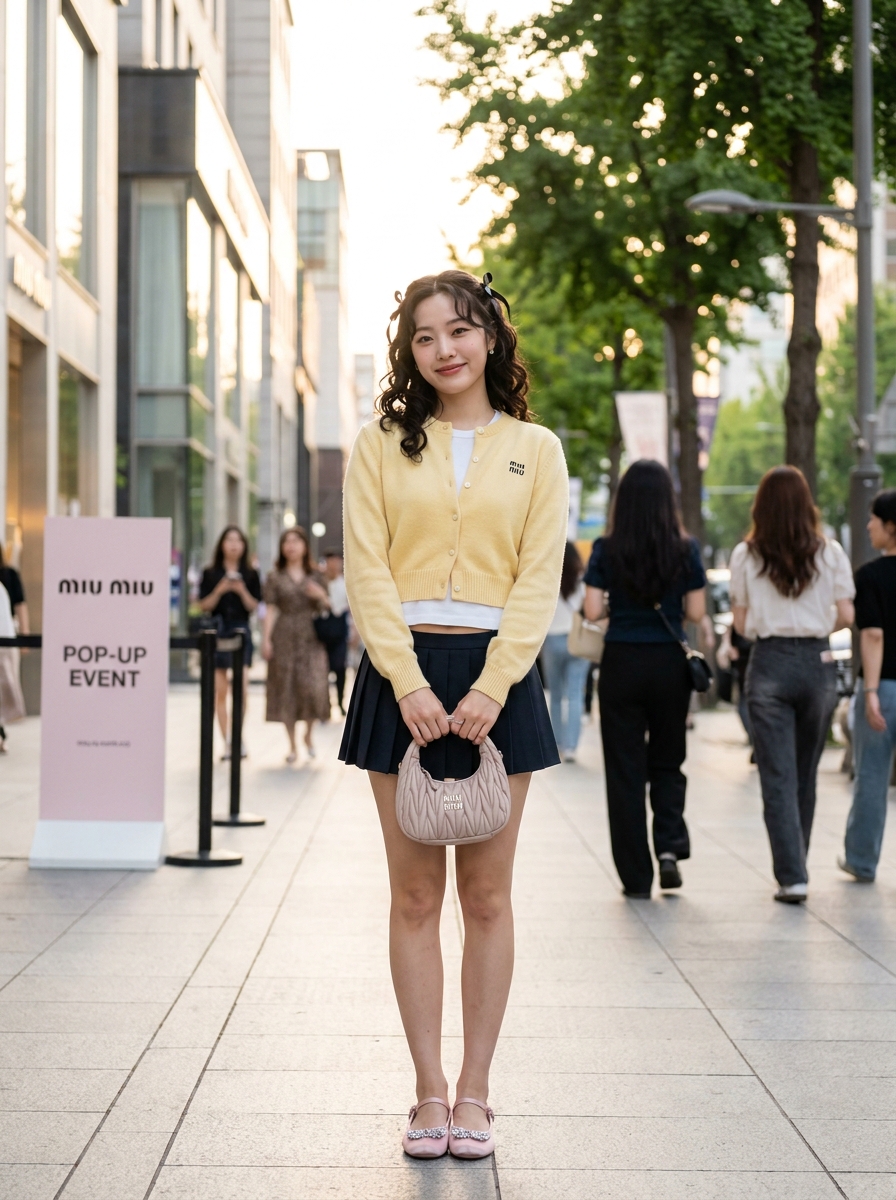 SKIPIKS AIファッション写真 — feminine, casual, playful — 연노랑 가디건과 네이비 플리츠 스커트가 상큼한 조화를 이루며, 여성스러운 매력을 한층 강조해 보세요. 핑크 메리 제인 슈즈로 러블리한 포인트를 