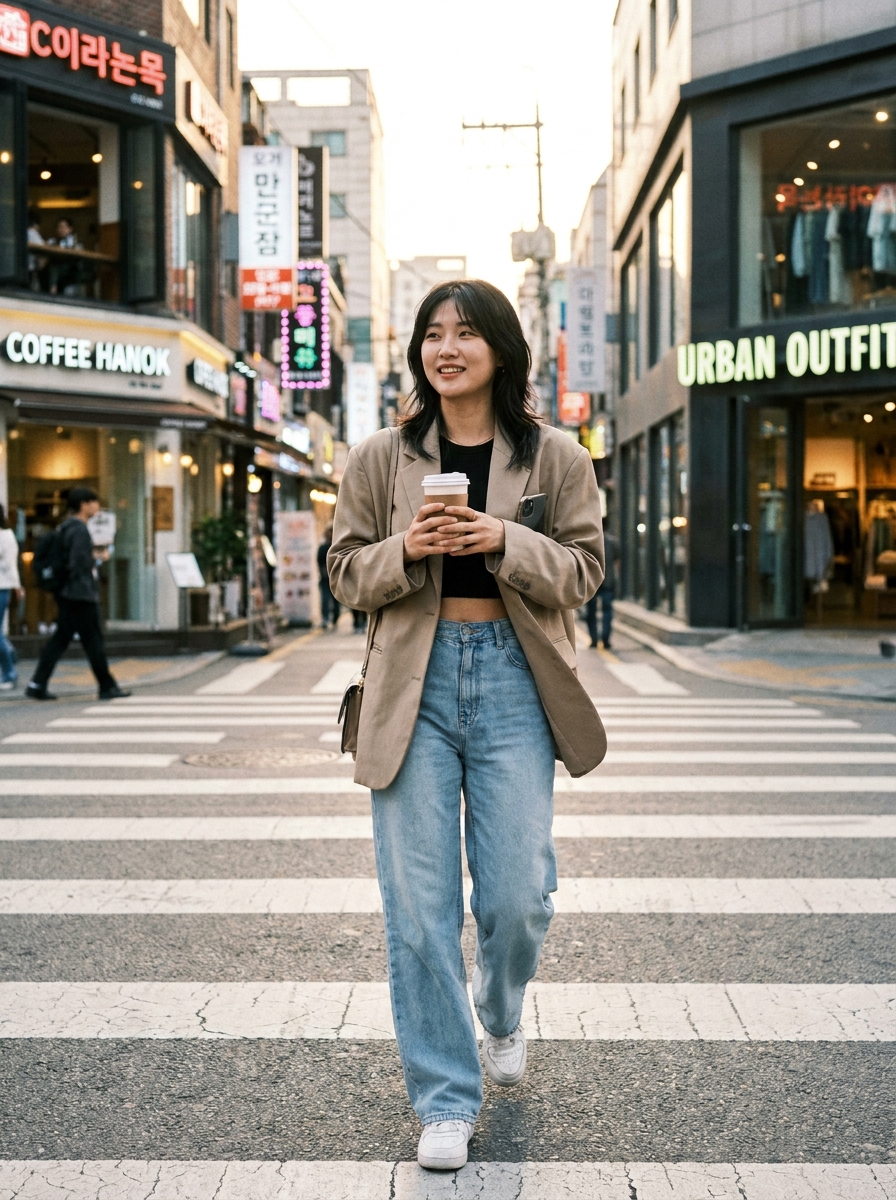 SKIPIKS AI时尚大片 — casual, chic — 가을의 편안한 무드를 담은 베이지 블레이저와 청바지의 조합이 눈에 띄어요. 크롭탑과 매치한 이 룩은 세련된 동시에 자유로운 느낌을 주며, 데일리