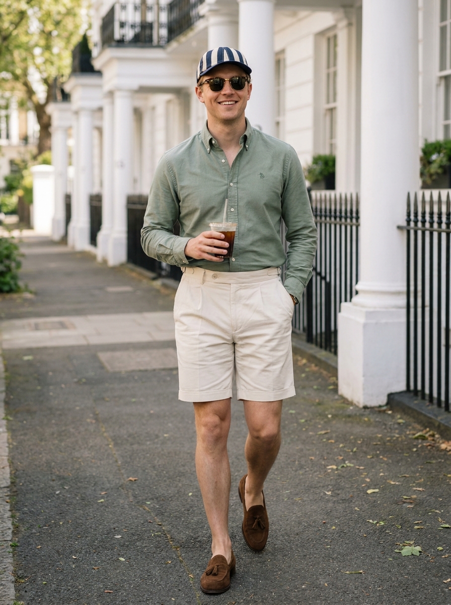 SKIPIKS AIファッション写真 — preppy, minimalist — カーキのシャツとクリームのショートパンツがクラシックでありながら爽やかな夏のルックを演出しています。サングラスとストライプの帽子でスタイルを完成させました。軽い
