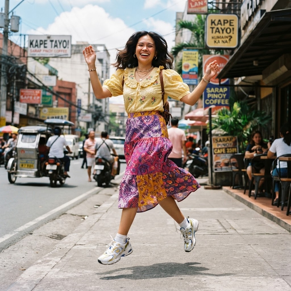 SKIPIKS AI fashion editorial — feminine, casual — This look features a yellow blouse and a bright flared skirt, creating a cheerfu