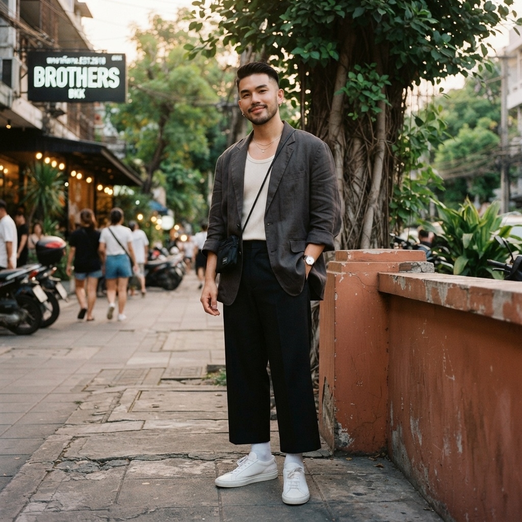 SKIPIKS AIファッション写真 — minimalist, casual — シンプルでありながらシックな魅力を持つモダンな秋のルックです。ダークグレーのジャケットとブラックのワイドパンツの組み合わせが洗練された雰囲気を醸し出します。ホワ