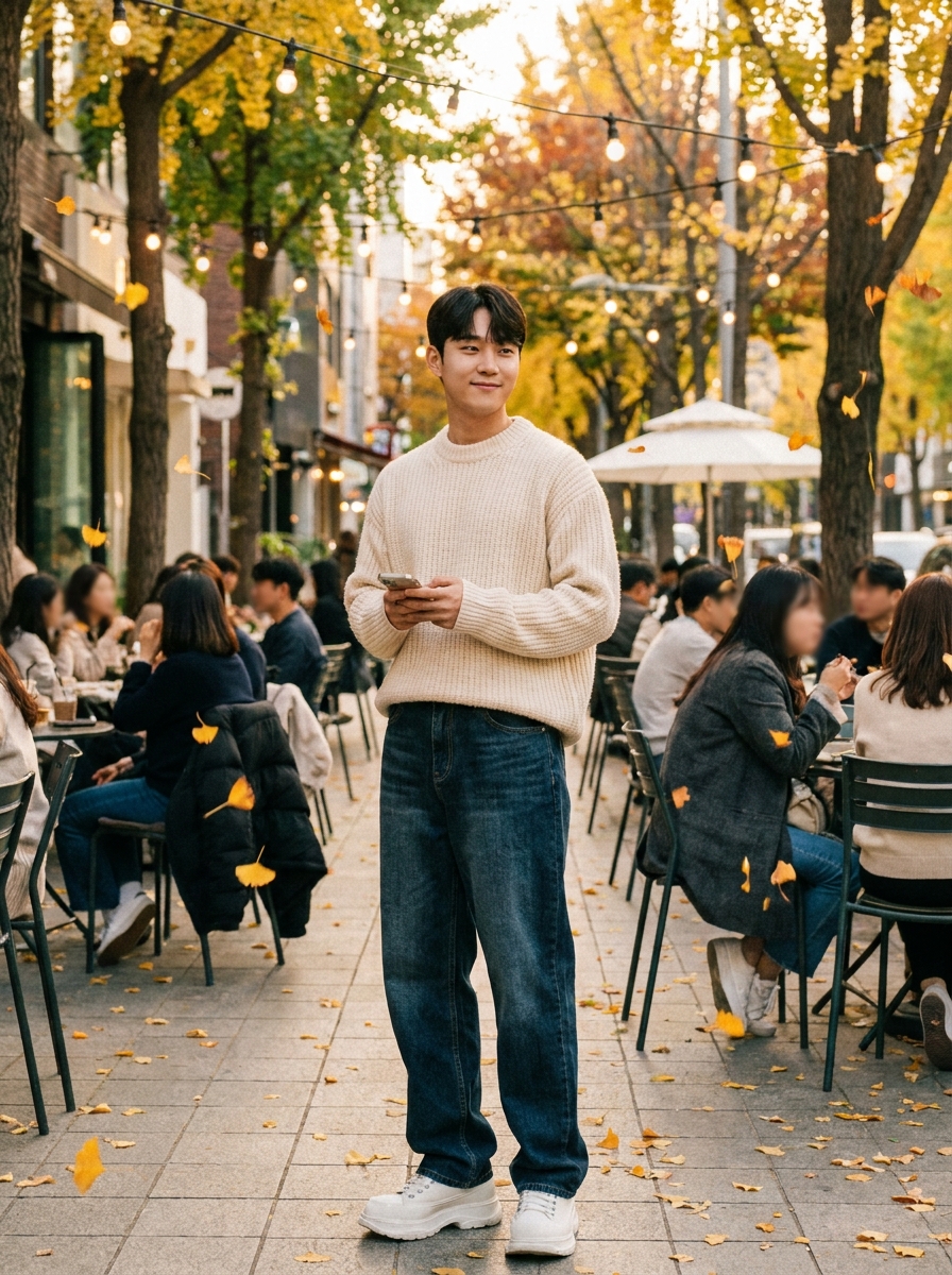SKIPIKS AI fashion editorial — casual, minimalist — Complete a warm casual look that captures the essence of autumn with an ivory kn