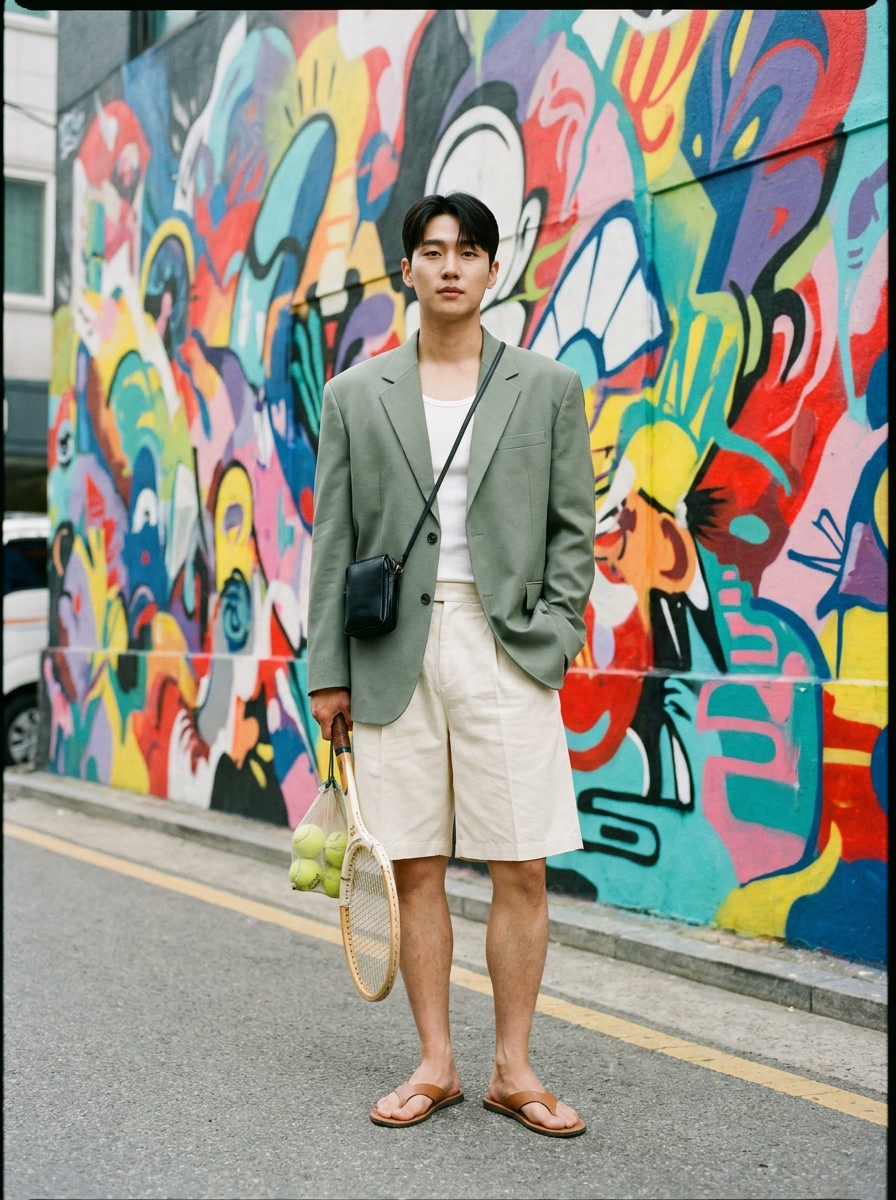 SKIPIKS AIファッション写真 — streetwear, casual — ティールのブレザーと白のタンクトップが爽やかで涼しげなムードを演出します。ベージュのショートパンツとブラウンのサンダルを合わせて、夏のデイリールックを完成させま
