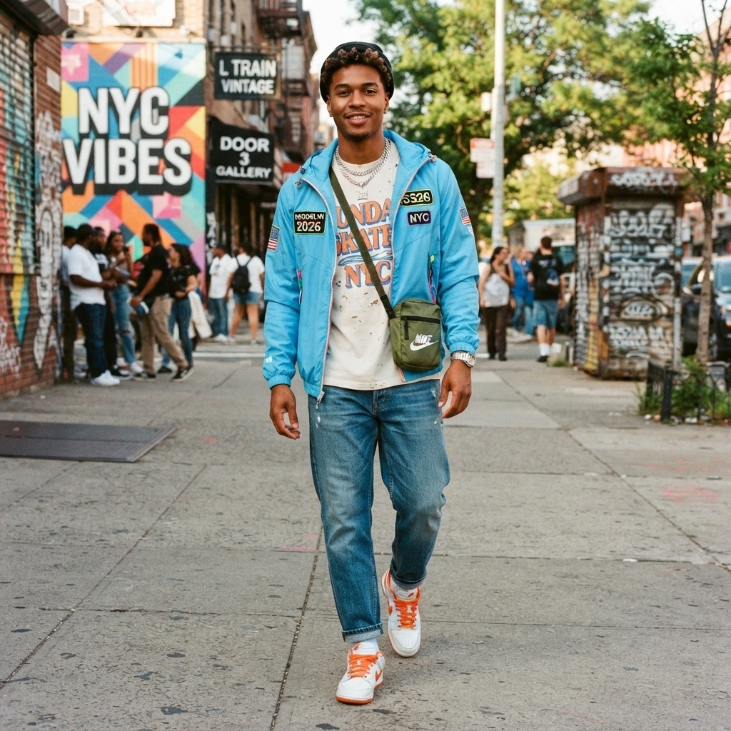 SKIPIKS AI 패션 화보 — streetwear, casual — 블루 재킷과 컬러풀한 티셔츠가 돋보이는 경쾌한 스트리트 패션이에요. 여기에 빈티지한 청바지를 매치해 편안하면서도 스타일리시한 무드를 완성했어요.