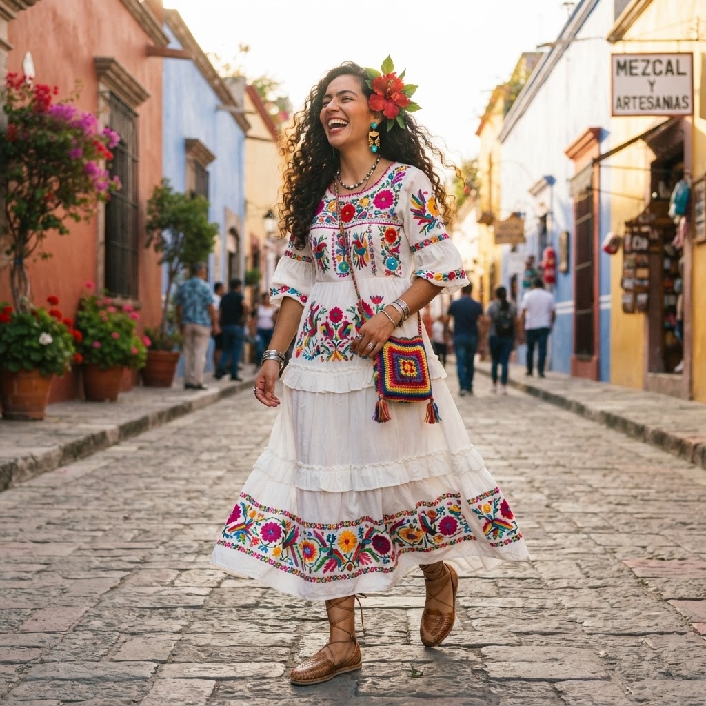 SKIPIKS AI时尚大片 — bohemian, colorful, feminine — 一款华丽刺绣突出的波希米亚风格连衣裙营造出轻快的氛围。搭配花卉发饰和色彩缤纷的包包，增添亮点。这种搭配非常适合夏季节日或度假胜地。