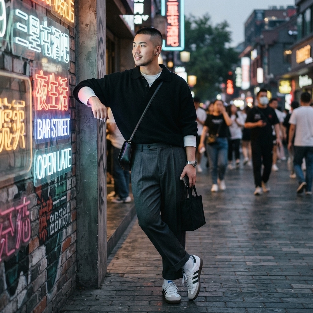 SKIPIKS AI 패션 화보 — urban, casual — 어둡지만 세련된 블랙 스웨터와 그레이 슬랙스의 조화가 시선을 사로잡습니다. 여기에 블랙 크로스백과 화이트 스니커즈를 매칭해 캐주얼하면서도 모던한