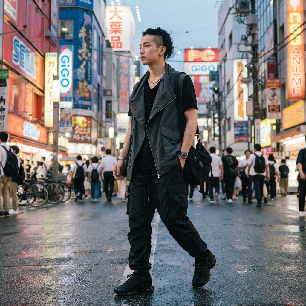 SKIPIKS AI 패션 화보 — streetwear, techwear — 다크 톤의 레이어드 스타일이 돋보이는 시티 무드의 패션입니다. 블랙 티셔츠에 회색 조끼를 매치해 세련된 무드를 자아내며, 카고 팬츠와 부츠로 스