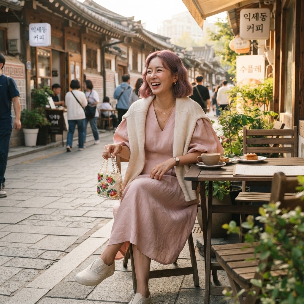 SKIPIKS AI 패션 화보 — feminine, casual — 부드러운 핑크톤의 원피스와 아이보리 니트 가디건으로 여유롭고 여성스러운 무드를 연출해보세요. 핸드백은 화사한 비즈 장식으로 포인트를 줘 더욱 매