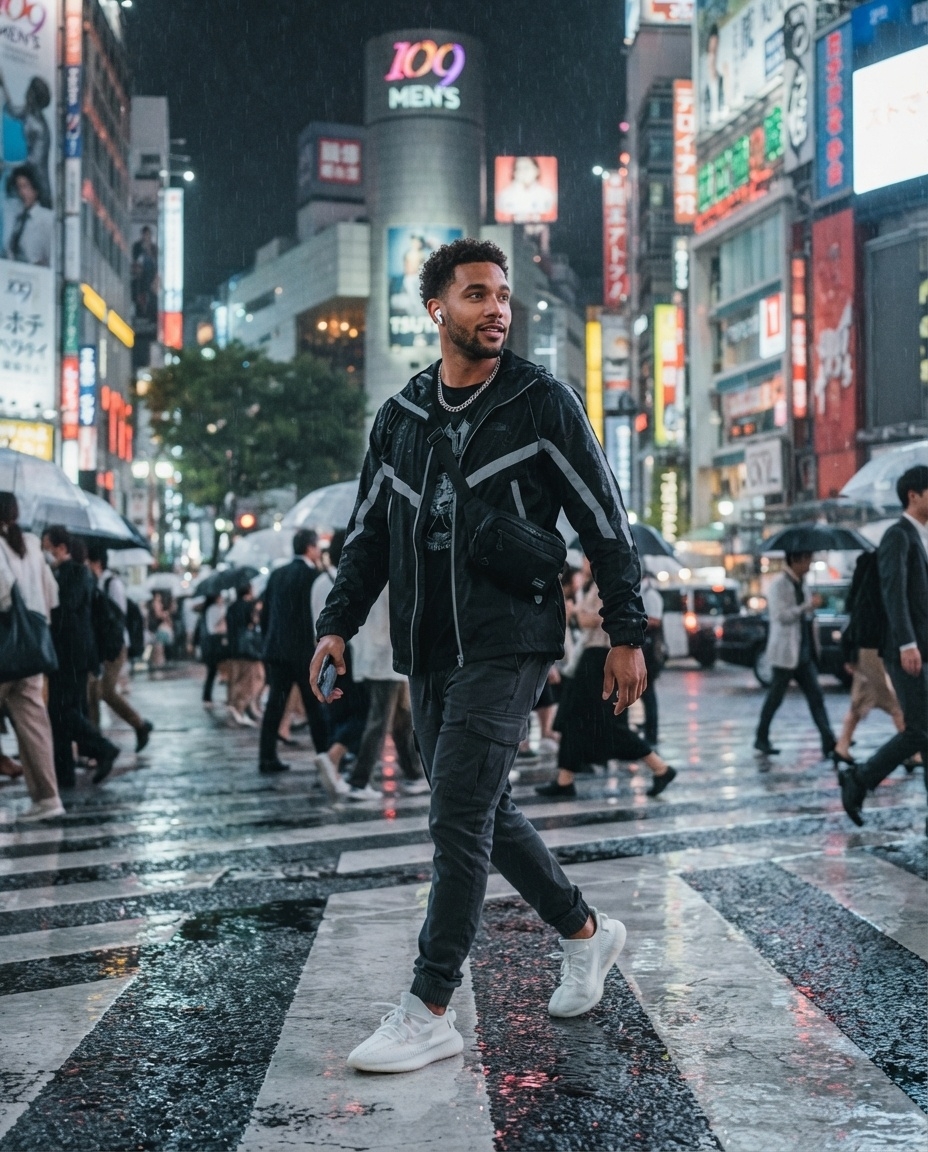 SKIPIKS AI 패션 화보 — streetwear, urban, athleisure — 비 오는 도심 속에서 기운이 넘치는 블랙과 그레이의 조화가 돋보이는 스트리트 스타일입니다. 루즈한 핏의 재킷과 조거 팬츠로 활동성과 편안함을 강