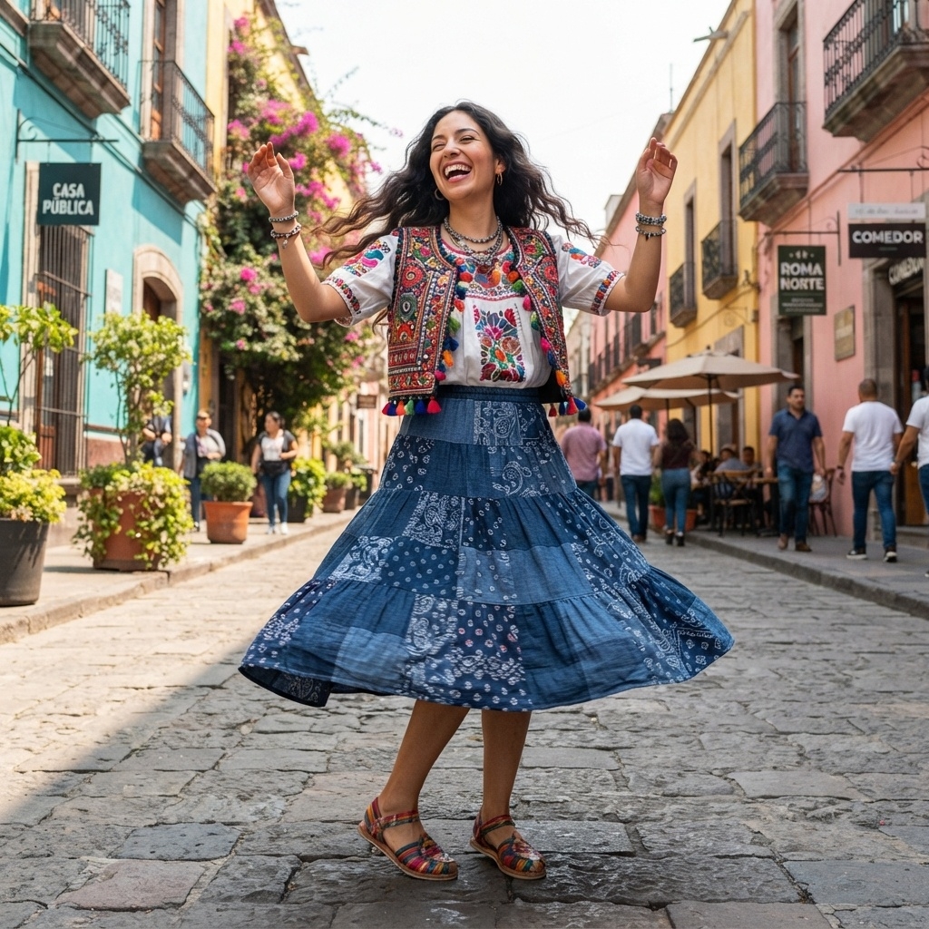 SKIPIKS AI时尚大片 — bohemian, colorful, ethnic — 用丰富的刺绣和生动的色彩完成自由的波西米亚风格。将衬衫和背心搭配，营造出异国情调，再加上牛仔裙增添休闲感。推荐作为夏季度假造型。