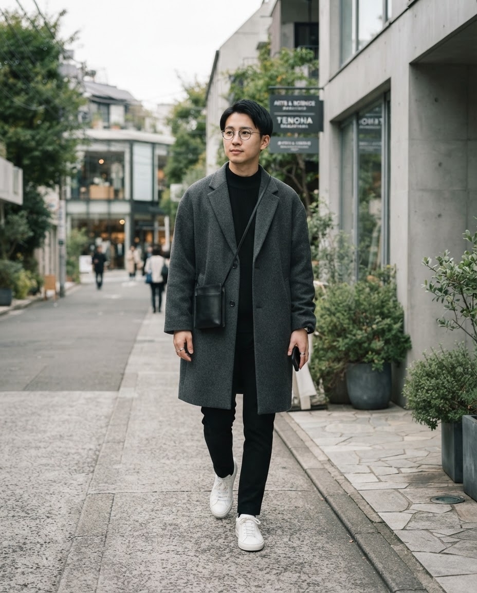 SKIPIKS AI 패션 화보 — minimalist, streetwear — 차분한 회색 코트와 검정 니트의 조합이 고급스러우면서도 실용적인 가을의 도심 스타일을 완성합니다. 깔끔한 흰색 스니커즈로 전체적인 룩에 포인트를