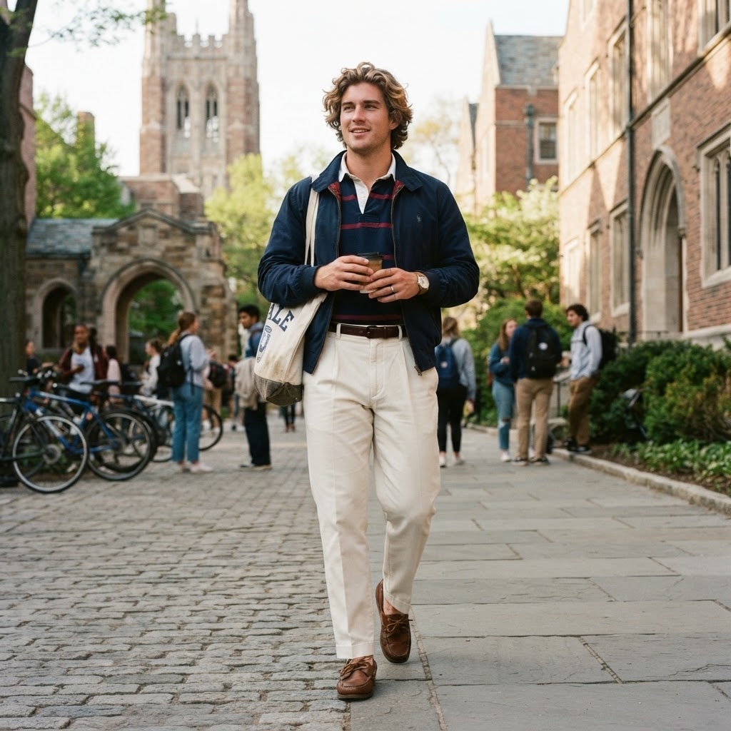 SKIPIKS AI fashion editorial — preppy, collegiate — Create an elegant and sophisticated campus look with a navy jacket and a wine-co