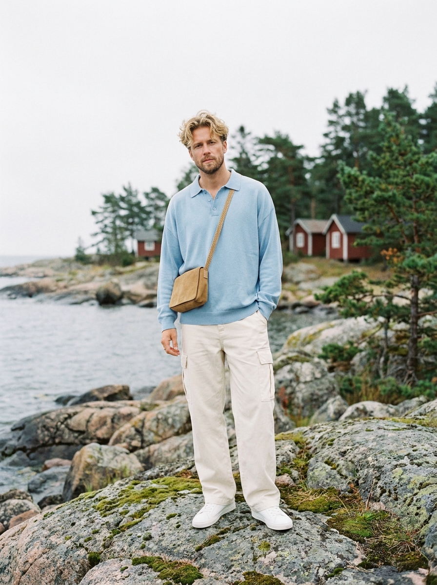 SKIPIKS AI 패션 화보 — casual, minimalist — 부드러운 하늘색 니트와 베이지 카고 바지의 조화가 청량하면서도 편안한 분위기를 연출합니다. 크로스백을 매치해 활동성을 더하고, 스니커즈로 캐주얼