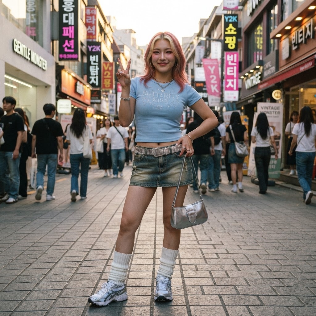 SKIPIKS AIファッション写真 — streetwear, vintage — 空色のクロップTシャツとデニムスカートが爽やかな雰囲気を醸し出し、レトロな感性が漂います。シルバーのネックレスとキラキラしたベルトでスタイルにトレンディな魅力を