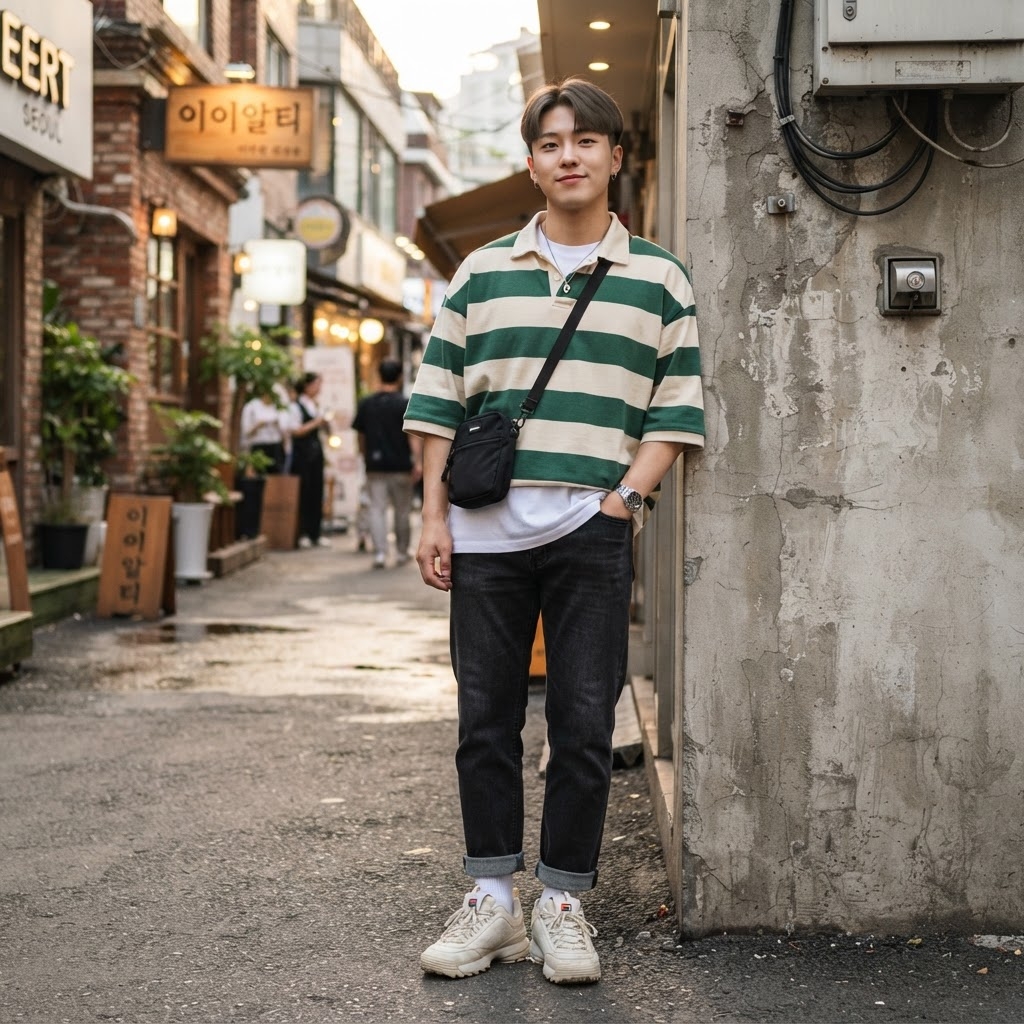 SKIPIKS AI fashion editorial — casual, streetwear — A green and white striped crop shirt creates a lively autumn casual look. Pair i