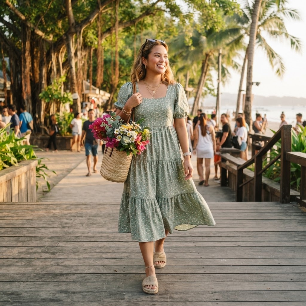 SKIPIKS AIファッション写真 — bohemian, feminine — このフローラルドレスのルックは、暖かい夏の日の自然でリラックスしたムードを表現しています。ベージュのストローバッグとサンダルを合わせて、夏の雰囲気をさらに強調し