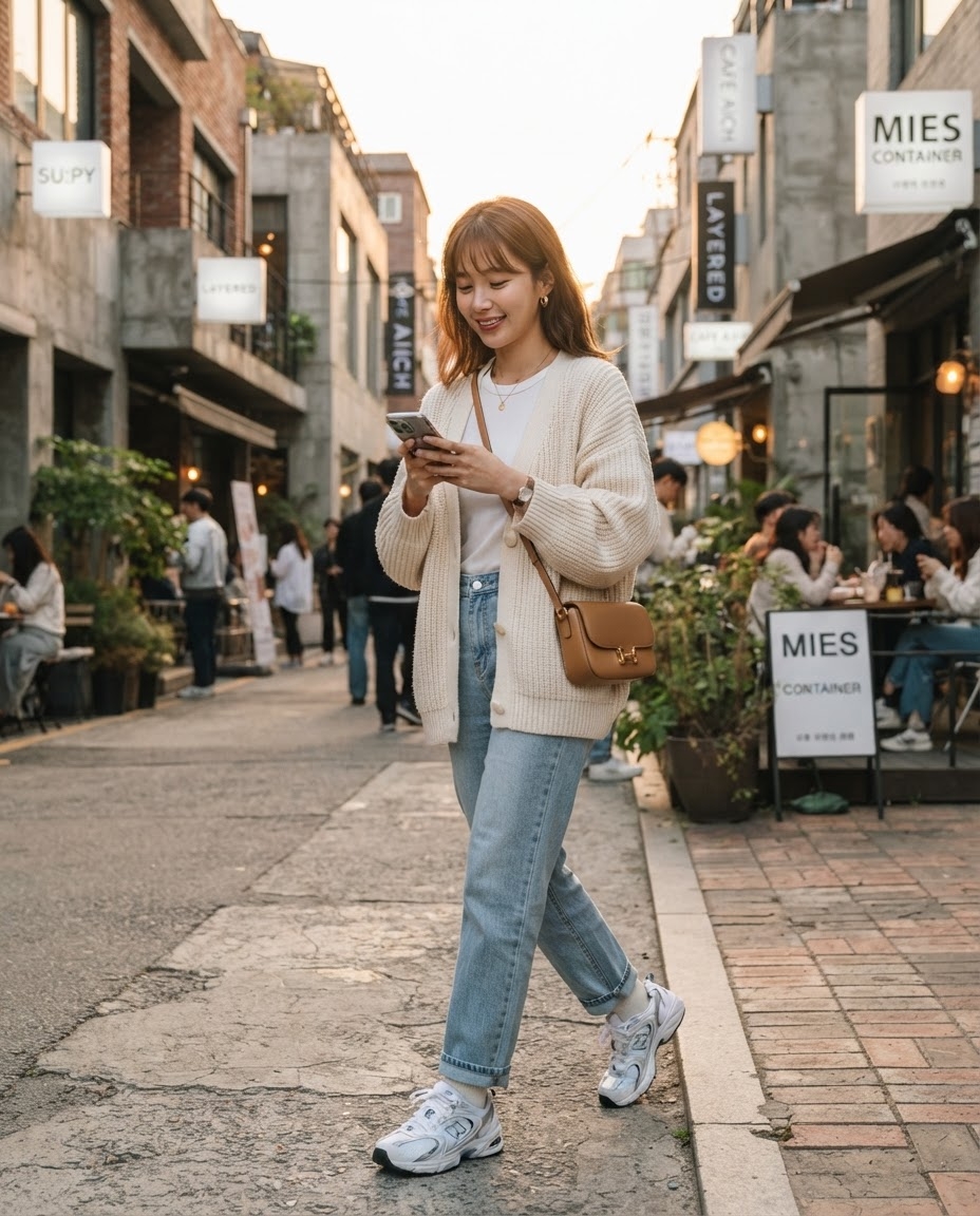 SKIPIKS AIファッション写真 — casual, chic — ベージュのカーディガンとジーンズの組み合わせが秋の日の心地よさを演出します。ホワイトTシャツとスニーカーを加えることでカジュアルなムードを高めつつ、スタイリッシ