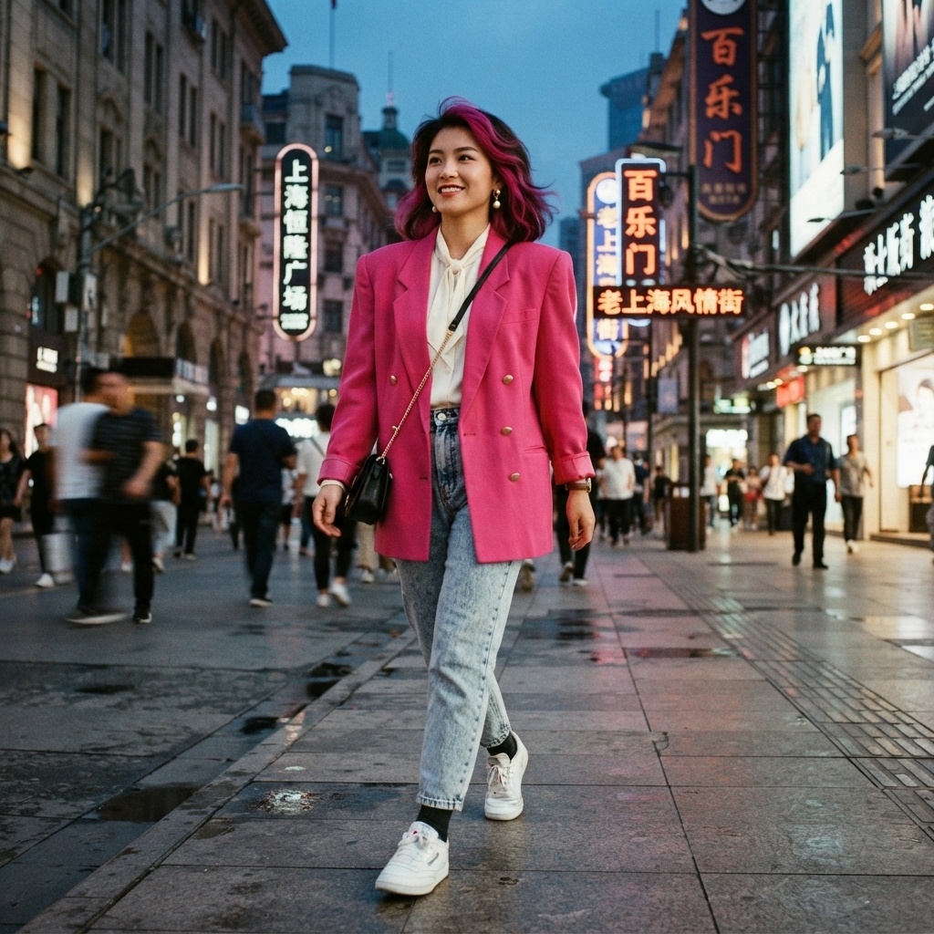 SKIPIKS AI 패션 화보 — streetwear, colorful — 화려한 핑크 블레이저가 돋보이는 시크한 룩입니다. 화이트 셔츠와 연청바지로 깔끔한 조화를 이루며, 캐주얼한 운동화로 편안함을 더했어요. 도시에서