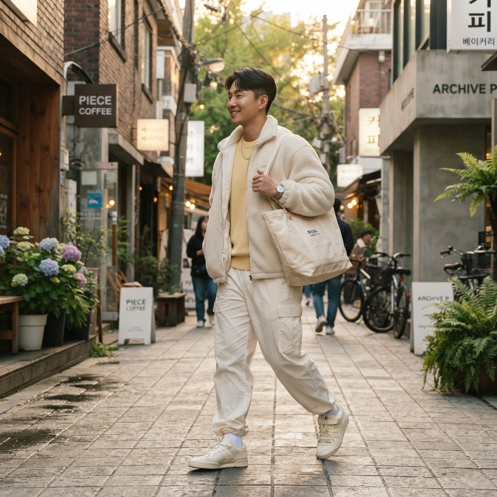 SKIPIKS AI 패션 화보 — casual, minimalist — 부드러운 크림 컬러와 옐로우 톤의 조합으로 따뜻하고 편안한 분위기를 연출해보세요. 플리스 자켓과 조거 팬츠를 매치해 캐주얼한 무드를 살릴 수 있