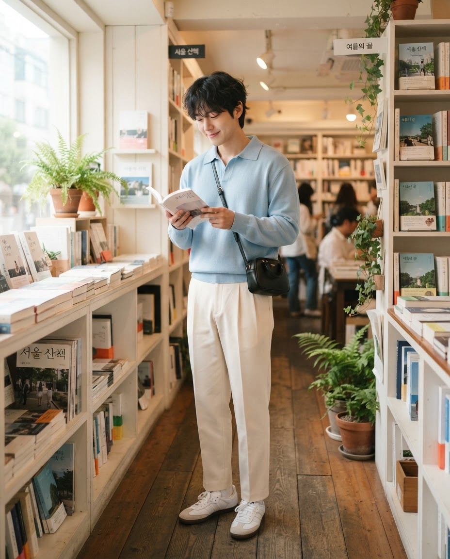 SKIPIKS AI时尚大片 — minimalist, casual — 天蓝色毛衣与奶油色裤子的搭配带来清新柔和的感觉。搭配斜挎包和干净的白色运动鞋，营造出舒适而时尚的氛围。这套造型非常适合春日约会或去书咖啡馆。