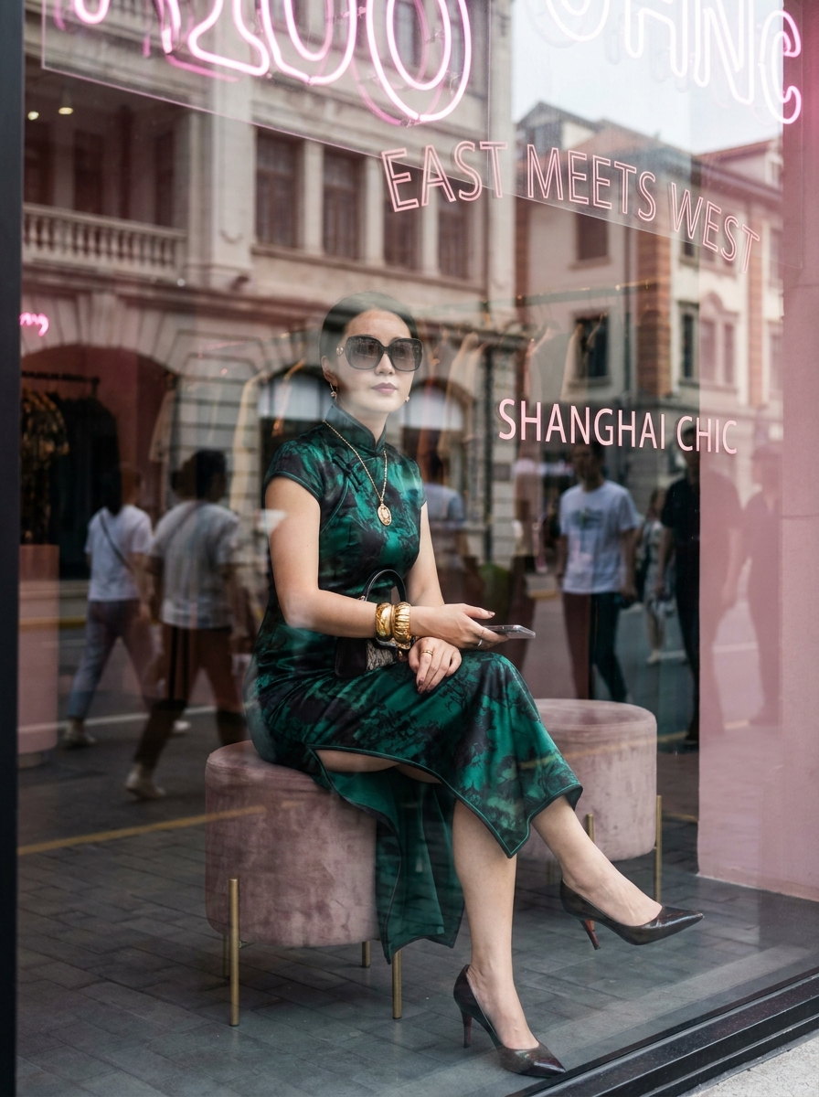 SKIPIKS AI 패션 화보 — elegant, vintage — 초록색 차이나 드레스가 주는 엘레강스한 무드가 감각적으로 표현되었습니다. 금색 액세서리와 블랙 펌프스를 매치해 세련된 포인트를 살려보세요. 이 