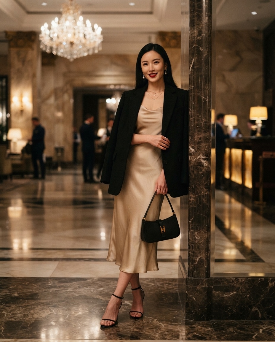 SKIPIKS AI 패션 화보 — chic, sophisticated, minimalist — 부드러운 베이지 드레스와 블랙 블레이저의 조합으로 세련된 분위기를 연출해보세요. 금색 액세서리로 포인트를 주어 더욱 럭셔리한 느낌을 더했습니다.