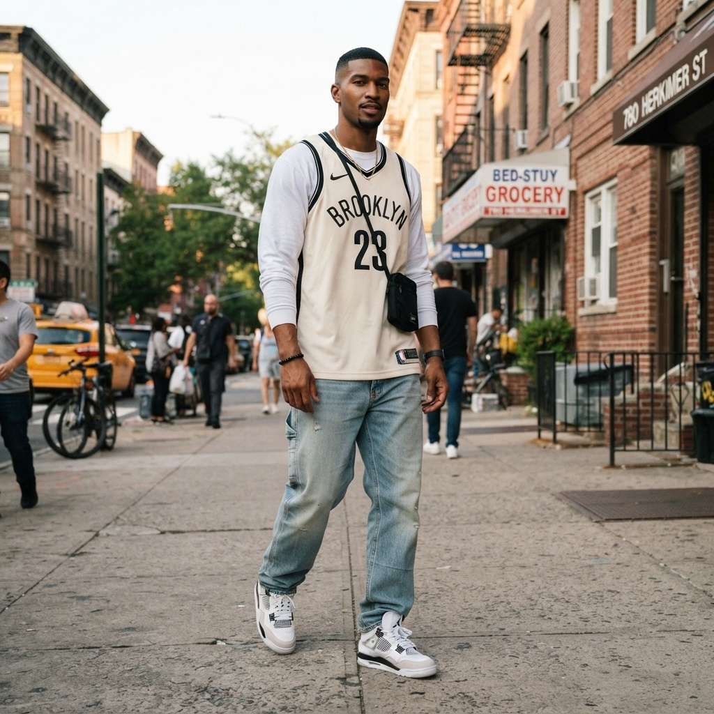 SKIPIKS AI时尚大片 — streetwear, sporty — 米色篮球背心与白色T恤的组合营造出运动又休闲的氛围。搭配浅蓝色牛仔裤和干净的白色运动鞋，进一步强调街头风格。再加上一款轻便的斜挎包，便完成了一个活力四射且实用的