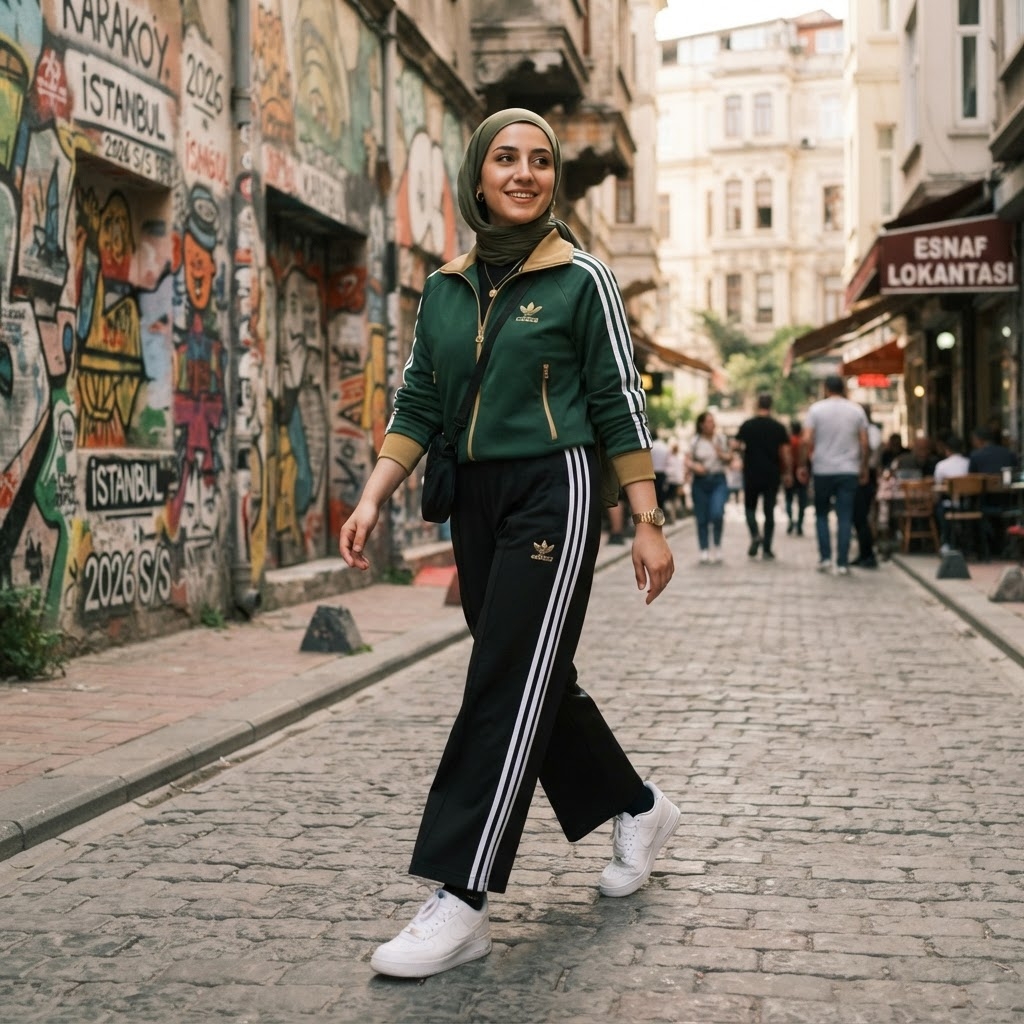 SKIPIKS AI fashion editorial — sporty, streetwear, casual — The green track jacket paired with a hijab creates a sporty yet chic vibe. Style