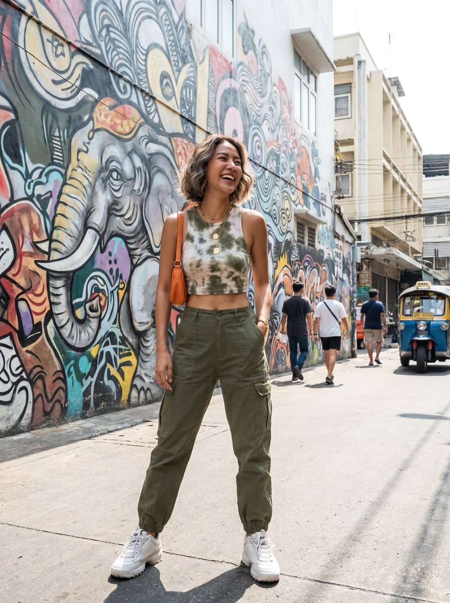 SKIPIKS AI fashion editorial — streetwear, casual, urban — This look features an impressive blend of a tie-dye crop top and cargo pants, ex