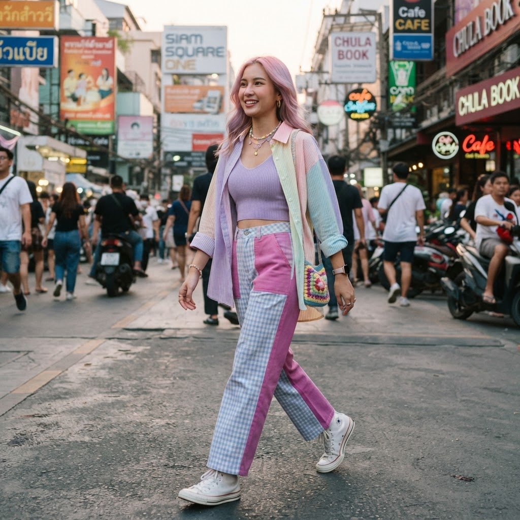 SKIPIKS AI fashion editorial — colorful, streetwear, casual — A pastel open shirt paired with a lavender crop top creates a fresh vintage styl