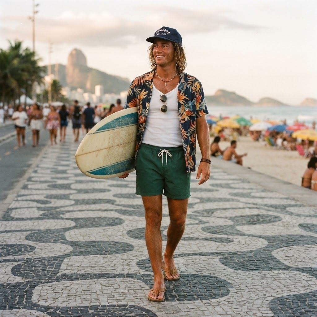 SKIPIKS AI fashion editorial — beachwear, casual, tropical — A vibrant Hawaiian shirt stands out in this summer beach look. Pair it with a wh