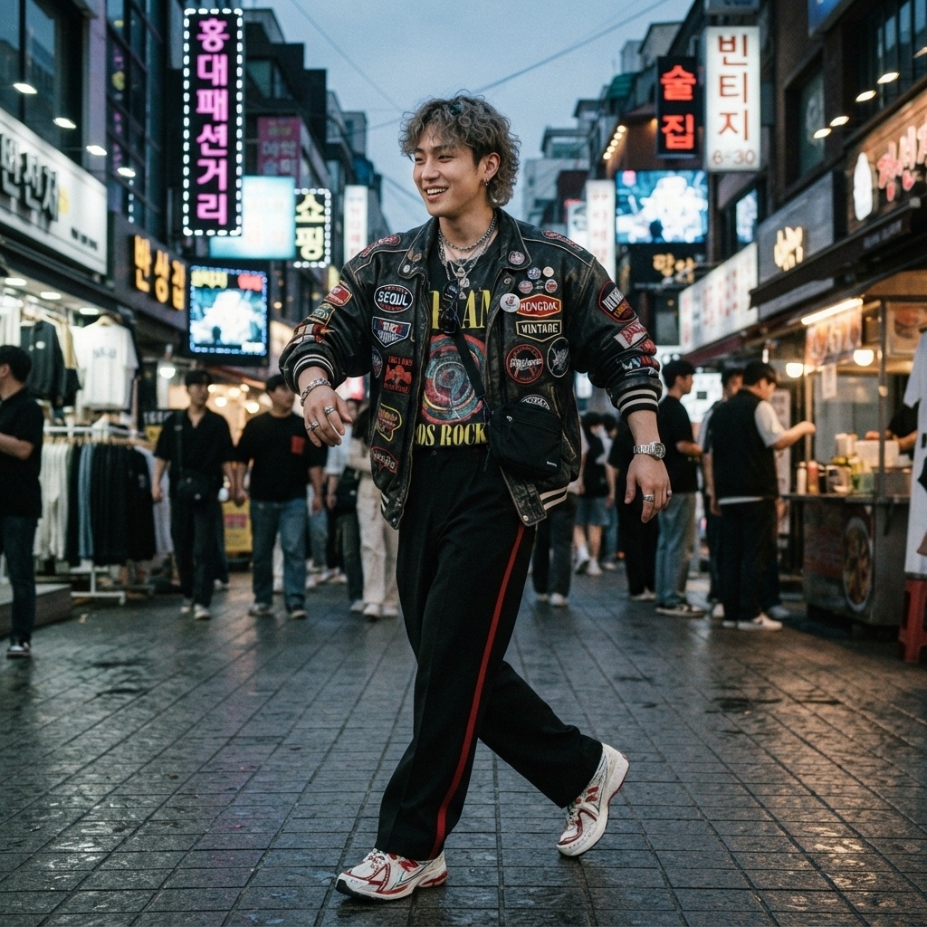 SKIPIKS AI fashion editorial — streetwear, rock, vintage — A black leather jacket with unique patches and a printed t-shirt complete the st