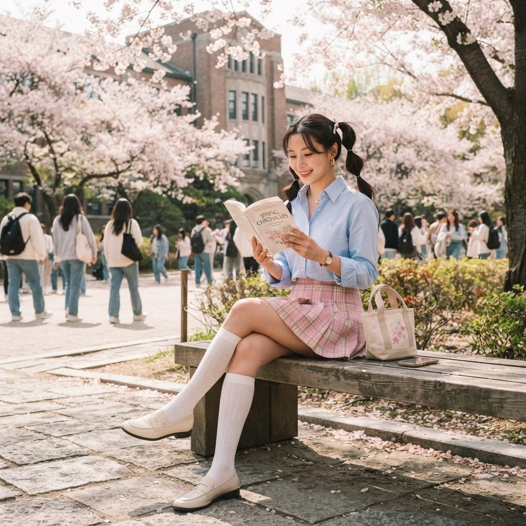 SKIPIKS AI fashion editorial — preppy, feminine — This look features a refreshing sky-blue shirt and a lovely pink checkered skirt