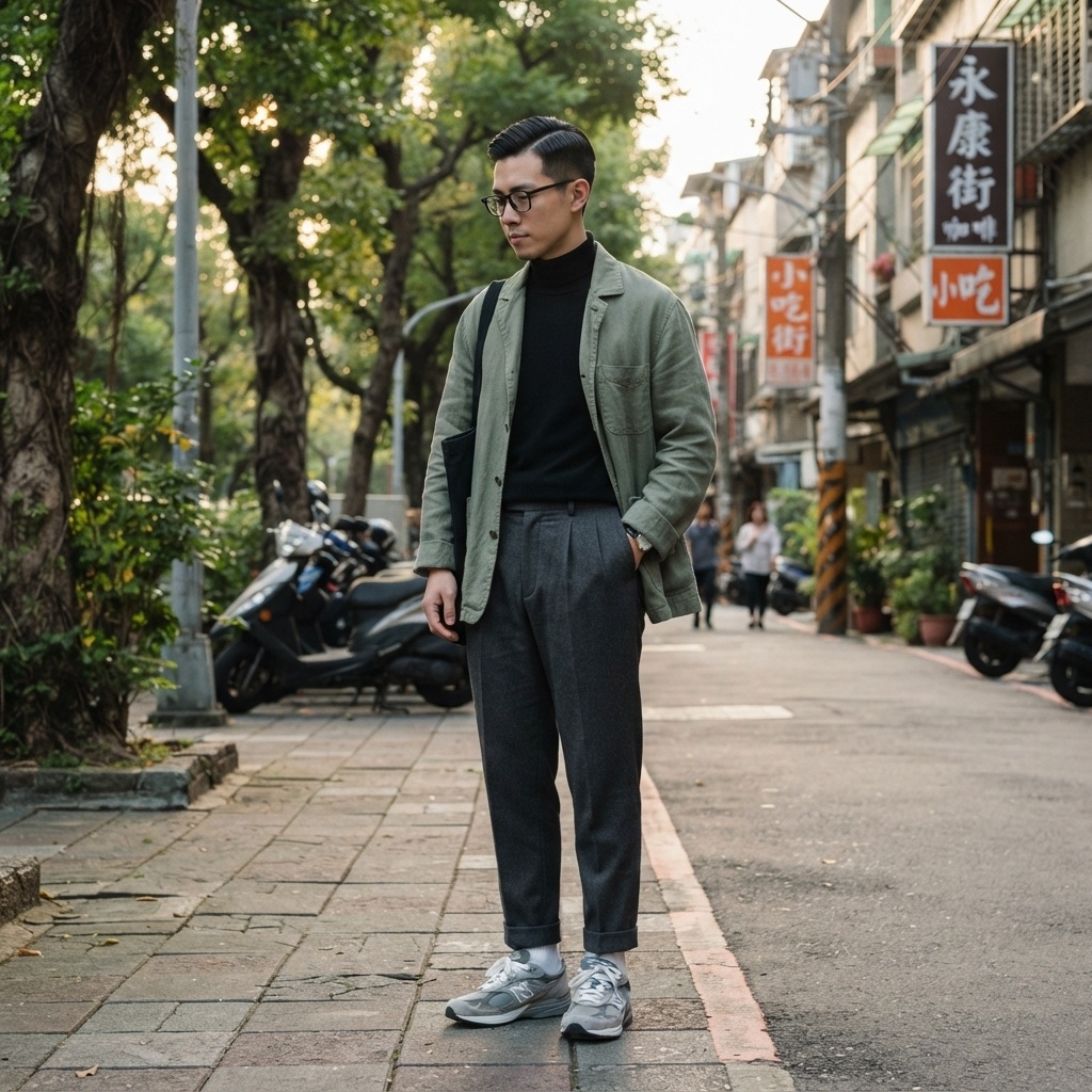 SKIPIKS AI 패션 화보 — minimalist, streetwear — 카키 자켓과 그레이 팬츠가 어우러져 차분하고 도시적인 무드가 완성됩니다. 블랙 터틀넥과 색감을 맞춘 안경과 신발이 전체적인 스타일을 깔끔하게 정