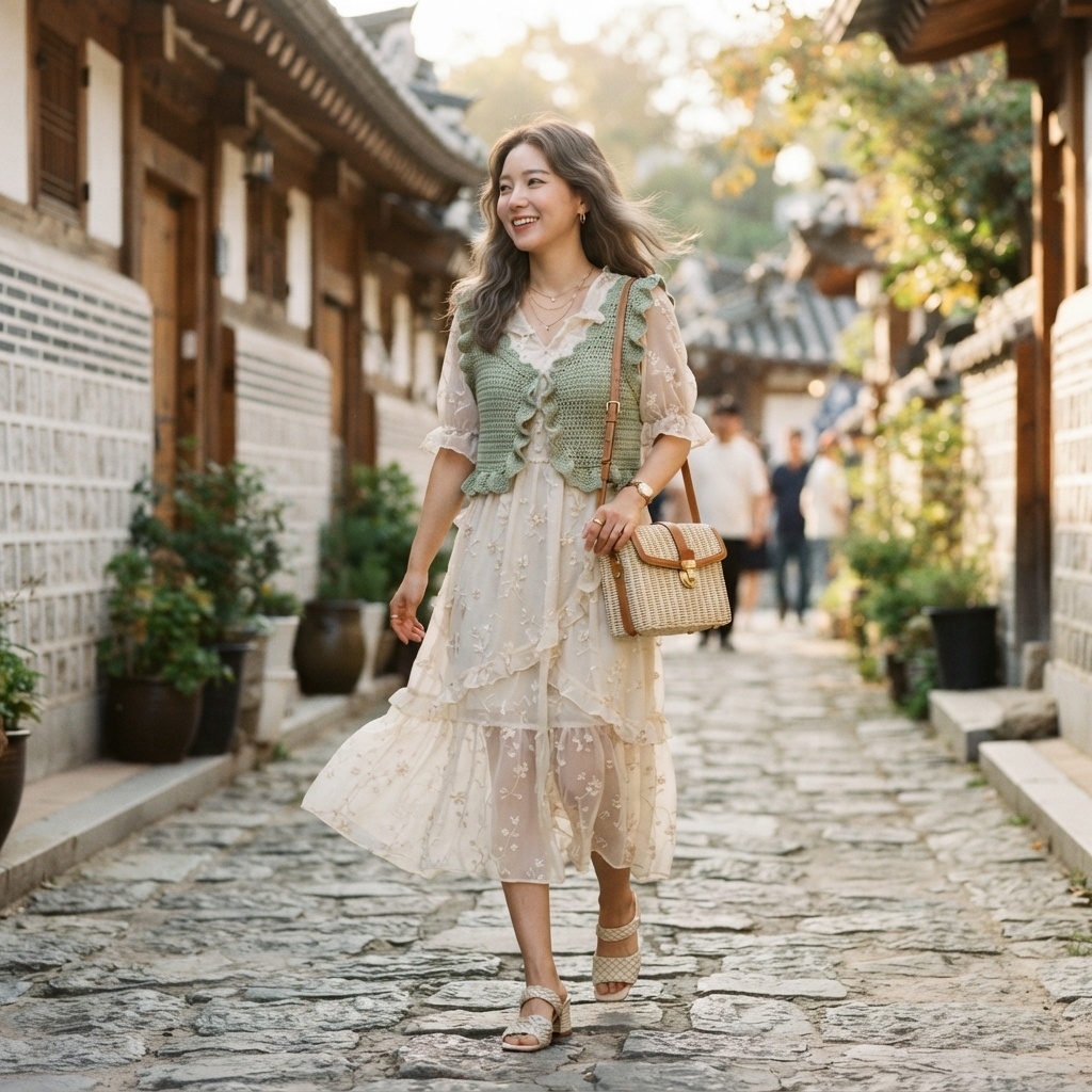 SKIPIKS AI 패션 화보 — romantic, vintage, feminine — 아이보리 플로럴 드레스와 민트색 니트 베스트가 어우러져 로맨틱한 느낌을 주는 룩이에요. 라탄 백과 베이지 샌들이 자연스럽게 어울려 봄나들이에 추
