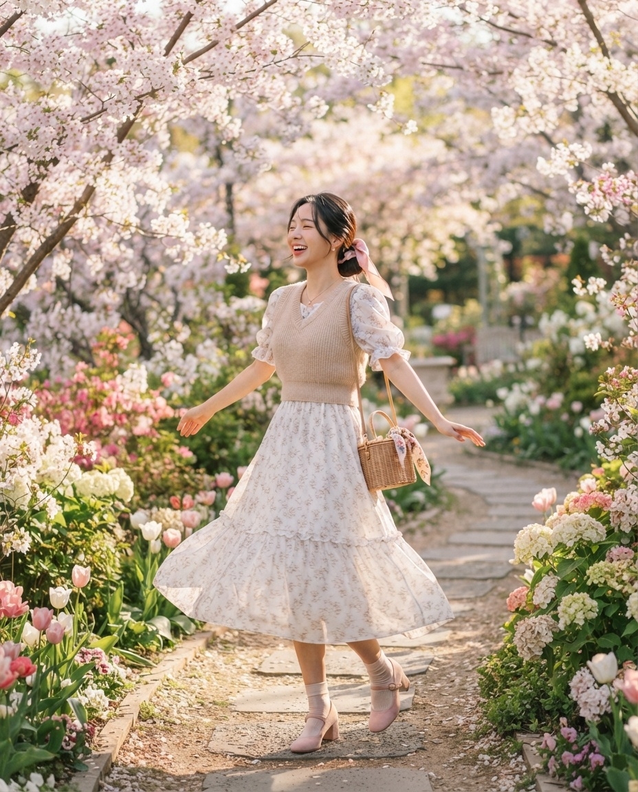 SKIPIKS AI 패션 화보 — romantic, vintage, feminine — 부드러운 베이지 니트 베스트와 화사한 플로럴 패턴 원피스가 어우러져 로맨틱한 무드를 연출해 보세요. 라탄 백과 핑크 메리 제인 슈즈로 포인트를 