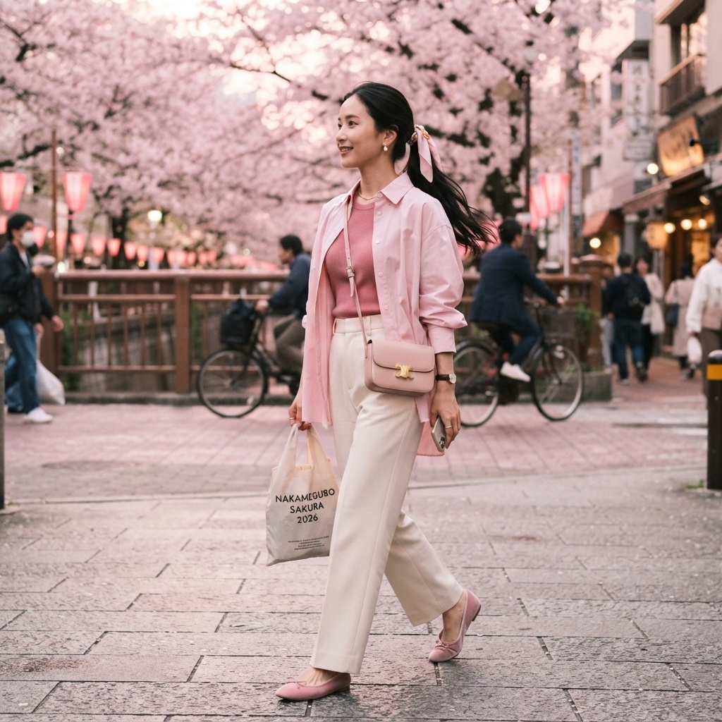 SKIPIKS AI时尚大片 — feminine, chic, pastel — 这款造型融合了粉色和奶油色，展现了春天的氛围，十分迷人。搭配粉色衬衫和针织衫，再加上奶油色长裤，营造出明亮清新的形象。我们建议搭配轻便的单肩包和平底鞋，适合日常