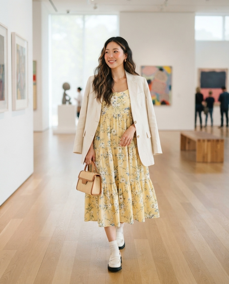 SKIPIKS AI fashion editorial — feminine, chic — This look creates an elegant yet lovely mood. The floral dress paired with a bei