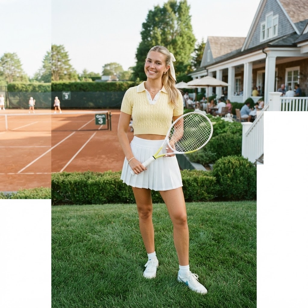 SKIPIKS AI fashion editorial — sporty, preppy — A bright, cheerful light yellow top paired with a white tennis skirt creates a l