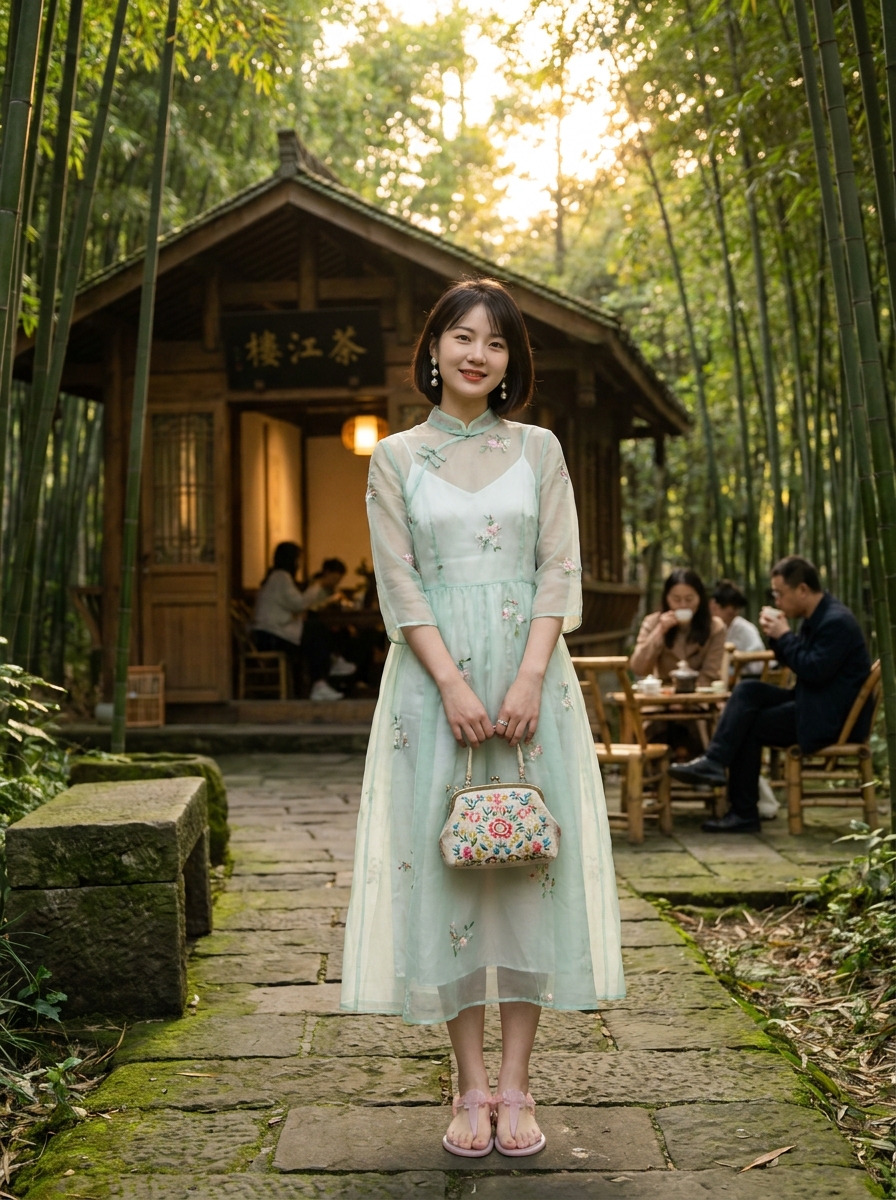 SKIPIKS AIファッション写真 — feminine, romantic — 爽やかなミントカラーの花刺繍が際立つドレスは、ロマンティックなムードを演出します。ピンクリボンサンダルを合わせて女性らしさを引き立てましょう。刺繍バッグを合わせ