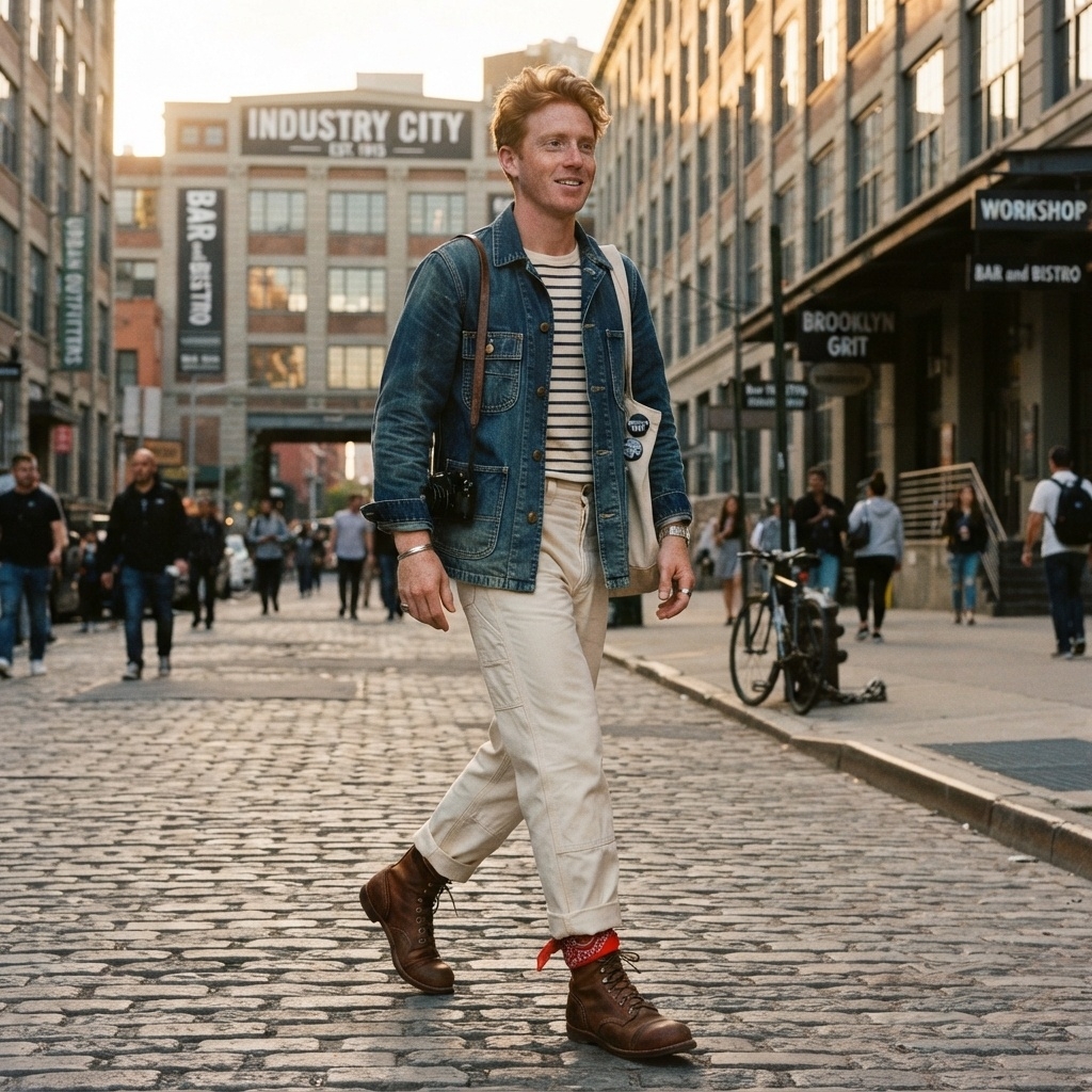 SKIPIKS AI时尚大片 — casual, vintage, urban — 用清新的蓝色夹克和条纹T恤组合营造时尚休闲氛围。搭配奶油色裤子和棕色靴子增添复古魅力，再用红色头巾点缀，完美呈现。非常适合城市轻松散步或日常穿搭。
