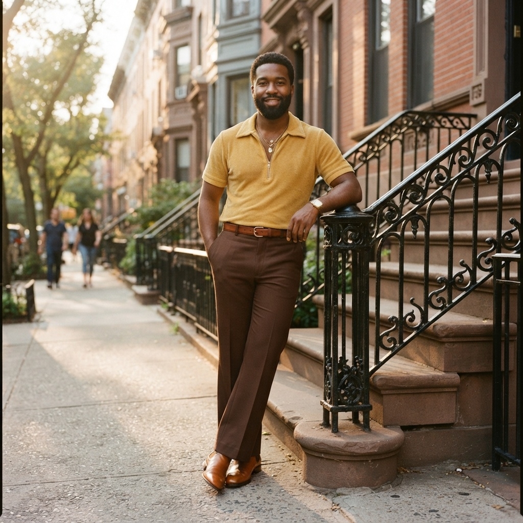 SKIPIKS AI fashion editorial — retro, casual — Pair a mustard polo shirt with brown slacks for a chic autumn vibe. Add gold acc