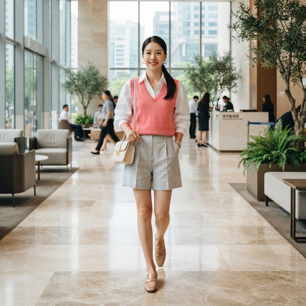 SKIPIKS AI fashion editorial — preppy, feminine — This classic office look features a sophisticated knit vest. Pair practical yet 