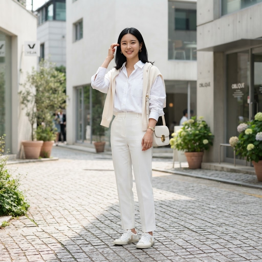 SKIPIKS AIファッション写真 — minimalist, elegant — 全体的にホワイトとベージュの調和が清潔感と洗練された印象を与えるルックです。ホワイトのシャツとパンツにベージュのセーターを肩に掛けてスタイリッシュに演出してみて
