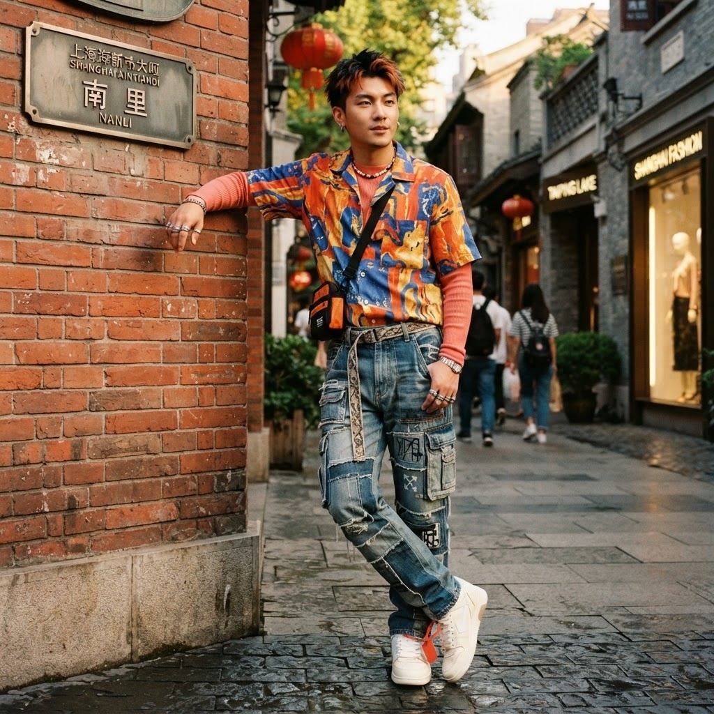 SKIPIKS AI 패션 화보 — streetwear, casual — 대담한 프린트 셔츠와 주황색 이너의 조화가 돋보이는 룩이에요. 청바지와 스니커즈를 매치해 편안하면서도 개성 있는 스트리트 스타일을 추천해요. 일